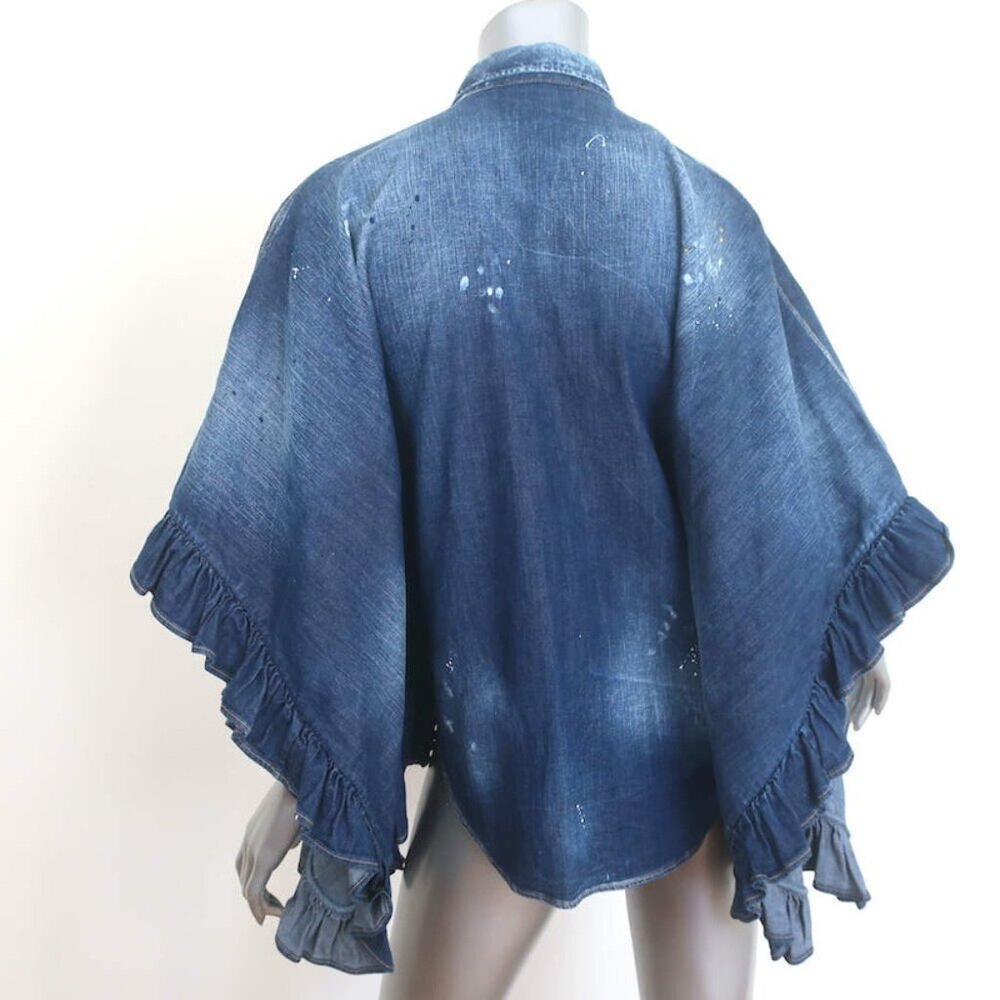 Dsquared2 Lilou Ruffled Paint-Splattered Denim Shirt Dark Blue Size 38 - Picture 5 of 9